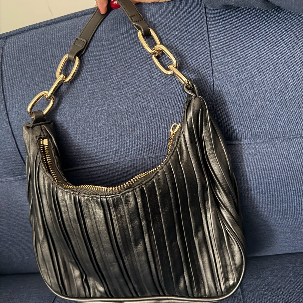 Black Pleated Leather Shoulder Bag with Gold Chain Detail